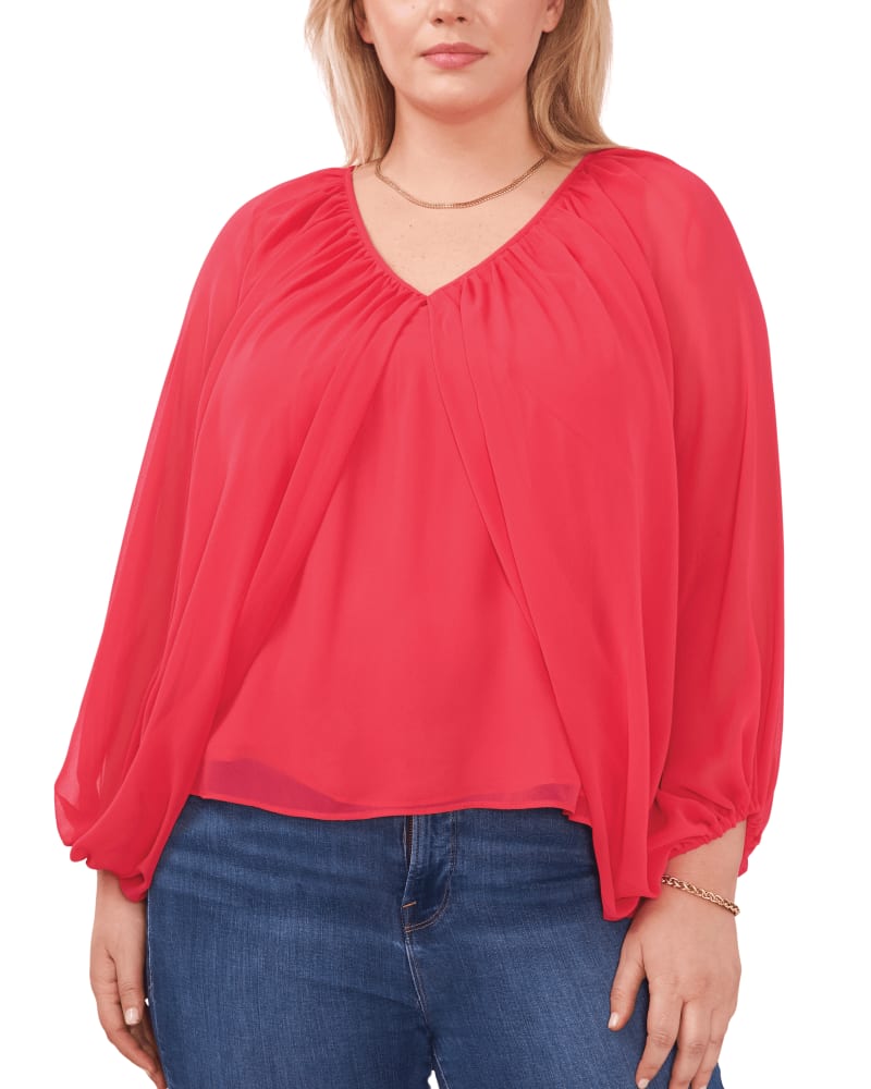 Front of a model wearing a size 1X Ivy Bubble Sleeve Blouse in GERANIUM by Vince Camuto. | dia_product_style_image_id:261630